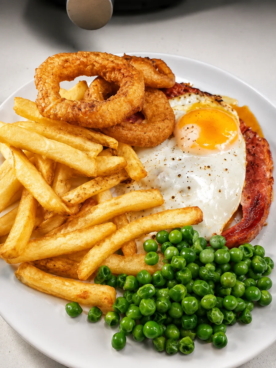 A breakfast plate with egg, chips, peas and onion rings