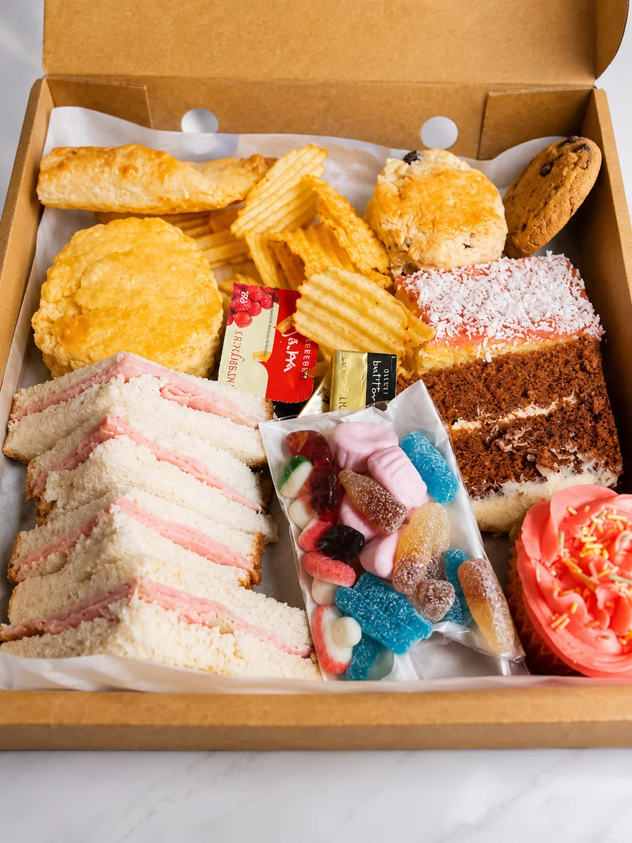 A mixed takeaway box with sweet and savoury bakes