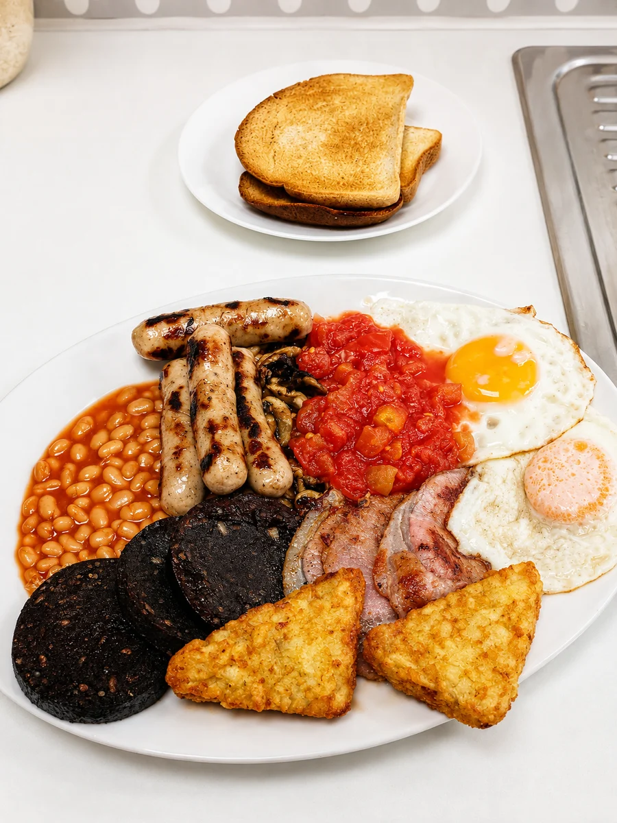 A full English breakfast plate at Clair's